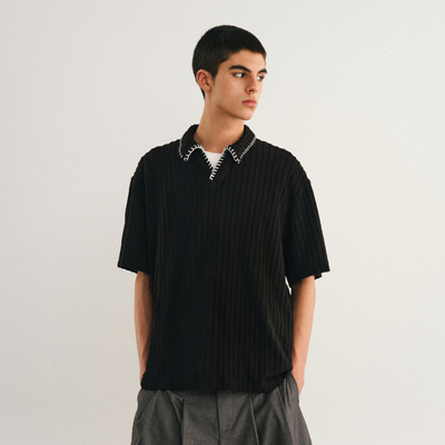 NONRADICAL（NR）手缝线麦穗纹POLO 高知感V领翻领短袖t恤