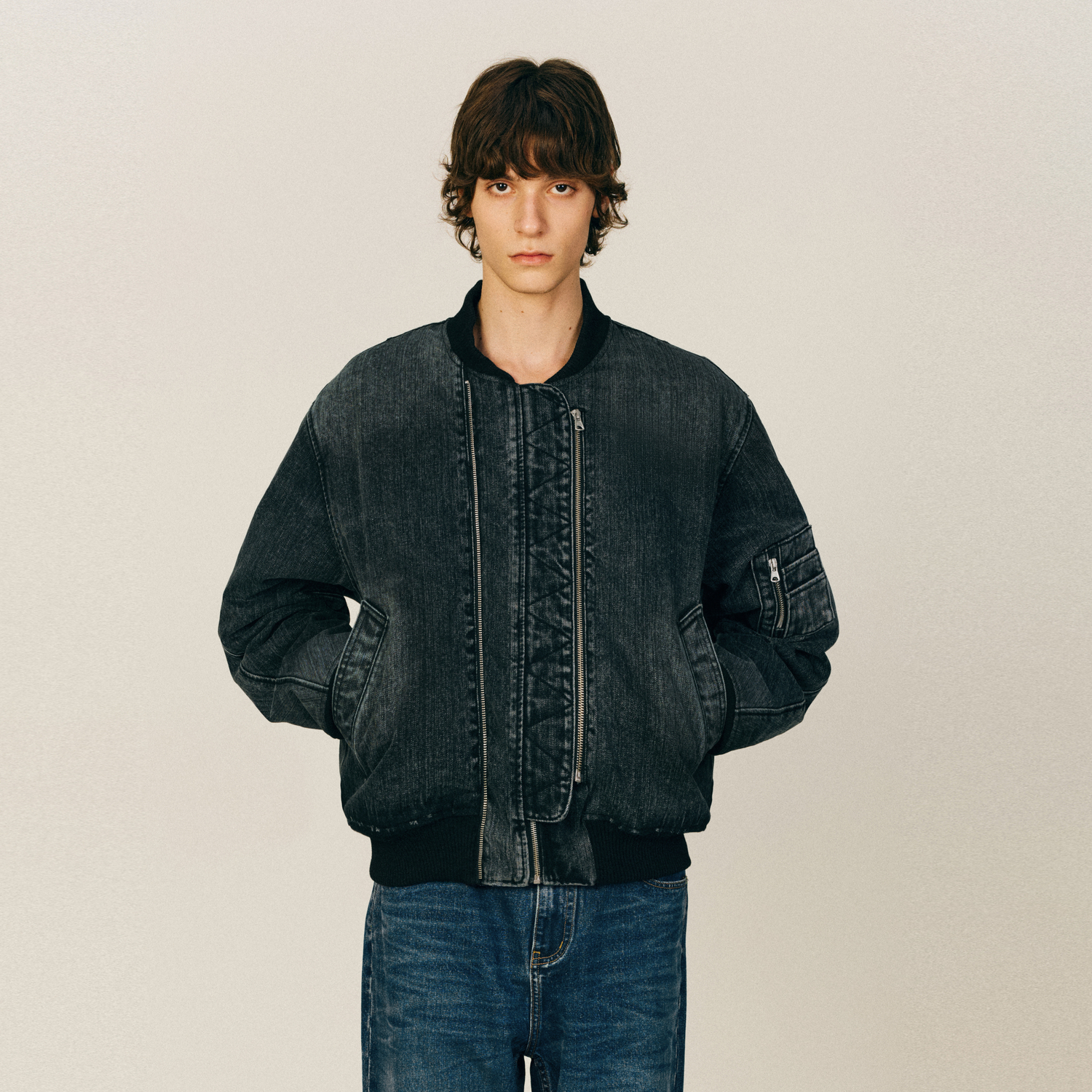 NONRADICAL （NR）「竹节纹弯刀袖」竹节牛仔MA1夹棉夹克外套男