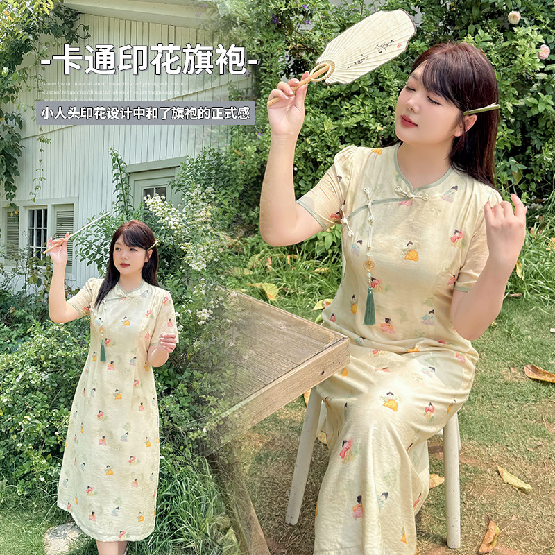 胖MM新中式旗袍连衣裙减龄印花裙图片