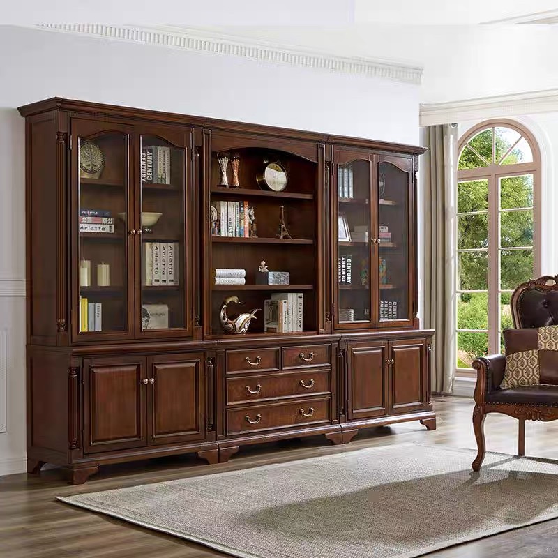 美式全实木组合书柜大书橱储物柜客厅展示柜书架简约文件柜落地