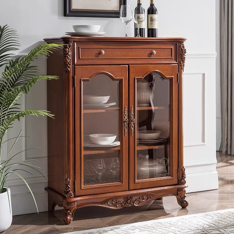 美式实木酒柜小酒柜餐厅边柜带玻璃高矮酒柜电视柜组合客厅储物柜