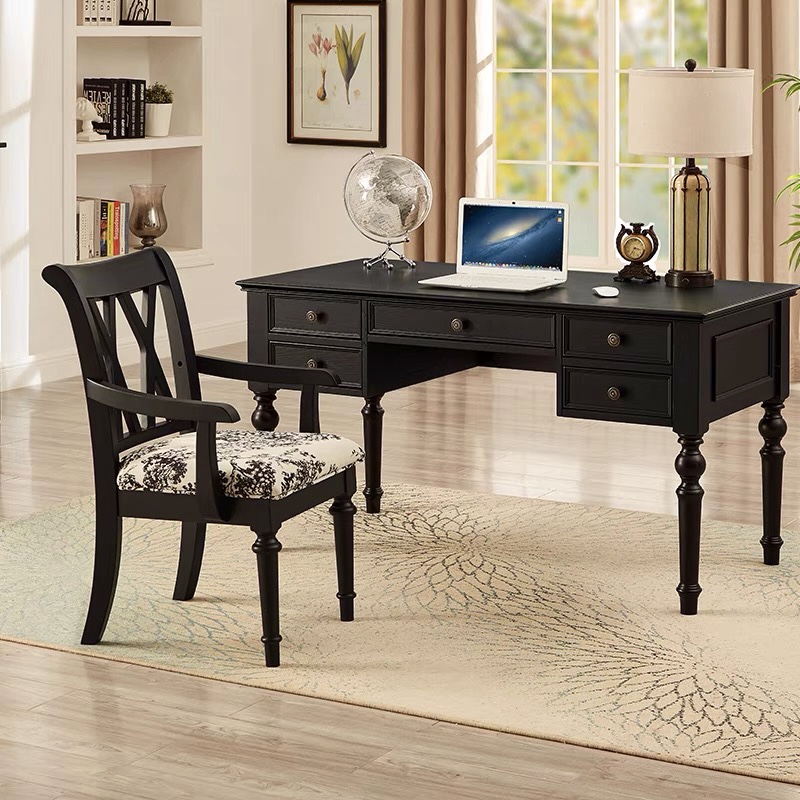 中古风黑色实木书桌老板办公桌家用书房法式复古电脑桌写字桌书椅