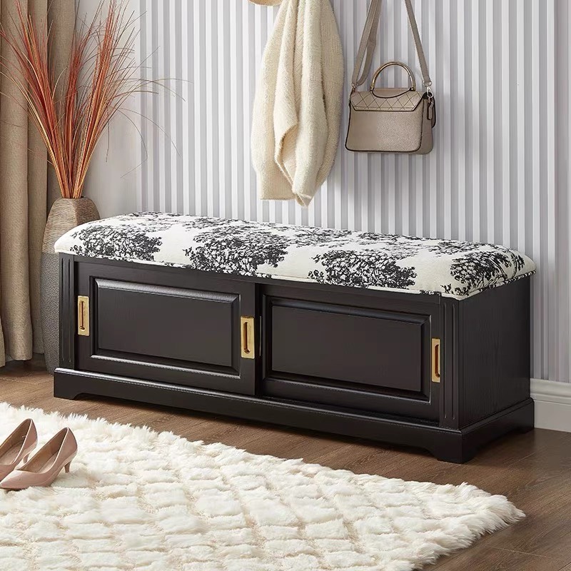 法式实木复古黑色换鞋凳家用门口入户中古风白蜡木可坐鞋柜穿鞋凳