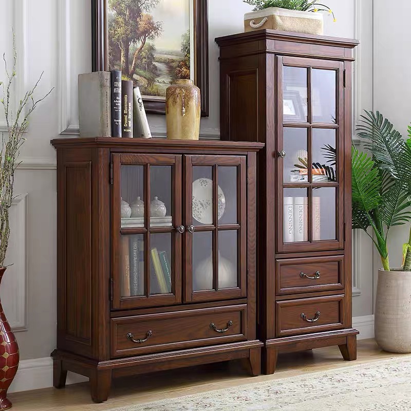 美式实木小酒柜单双门玻璃展示柜欧式客厅装饰柜家用餐边柜储物柜