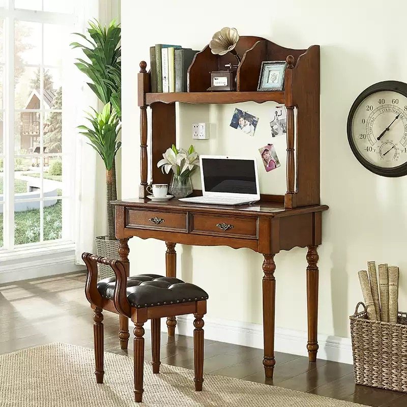 美式实木书桌书架组合现代卧室电脑桌欧式书柜轻奢写字桌家用桌