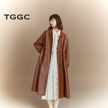 台绣皮质风衣女摩登时尚抽绳修身纯色蝙蝠袖翻领外套秋款J37089