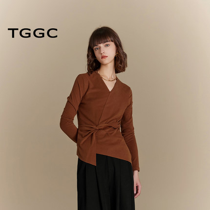 台绣新中式针织衫女纯色扭结小众设计不对称V领上衣秋款S37085