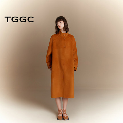 台绣毛呢外套女双面羊毛立领纯色宽松高级感复古大衣冬J37118