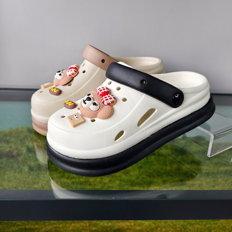新款拼色厚底夏增高洞洞鞋女包头创意卡通可爱外穿半拖鞋女沙滩拖