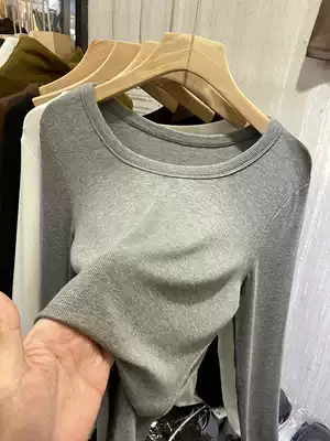 Low round neck exposed clavicle solid color all-match threaded T-shirt women's 2021 spring and autumn new thin inner tie bottoming shirt top