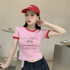 Real shot real price beautiful girl color matching short thin T-shirt