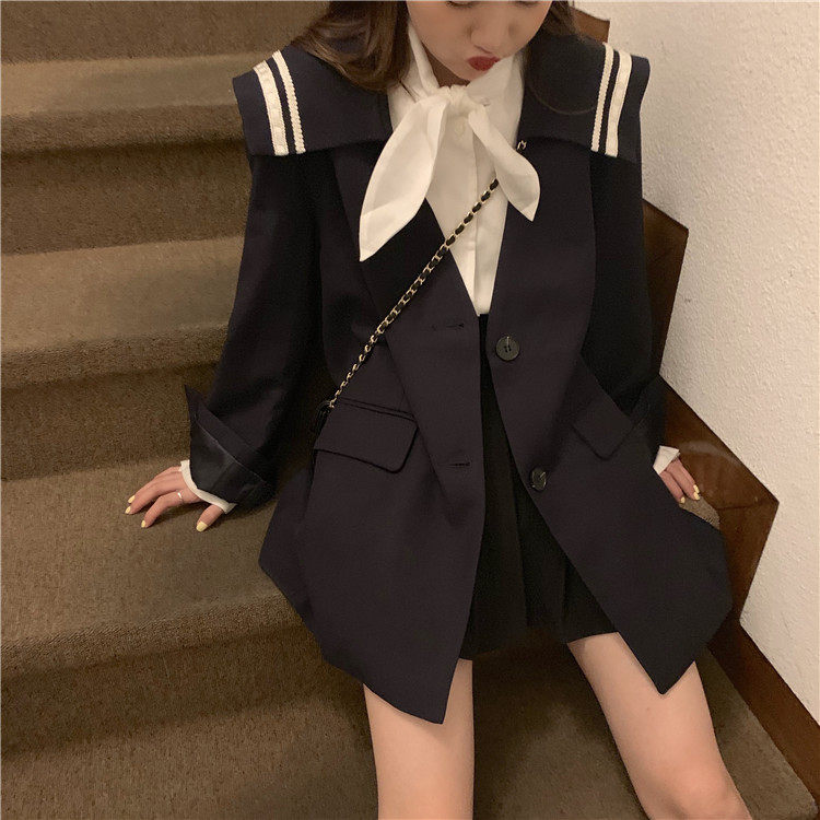 Navy collar thickened autumn and winter suit coat