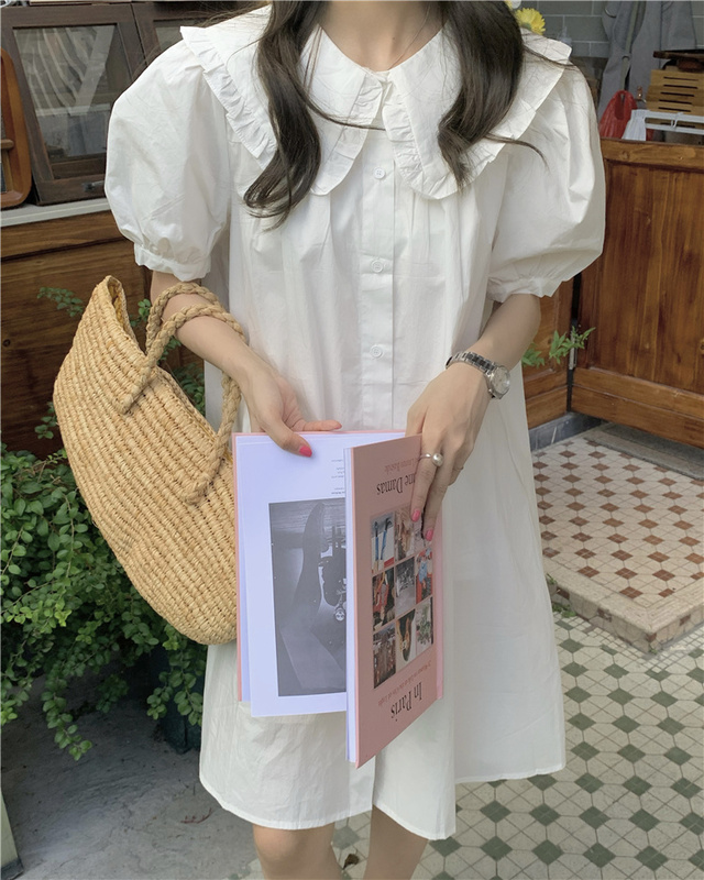 Real price chic Hanfeng doll collar mid long solid color dress