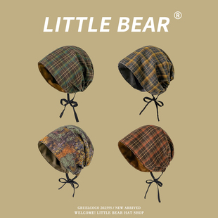 废土风复古格纹堆堆帽女春夏薄款 套头冷帽显脸小包头帽子 辣妹时尚