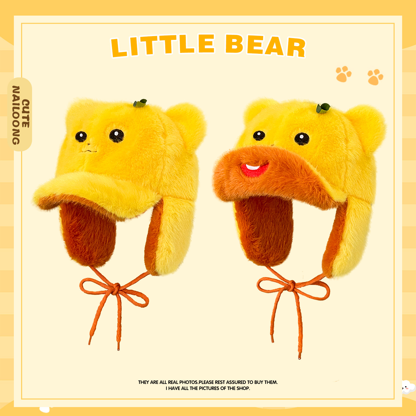 可爱卡通黄色小熊护耳雷锋帽子女冬季加绒加厚防寒保暖软檐毛绒帽