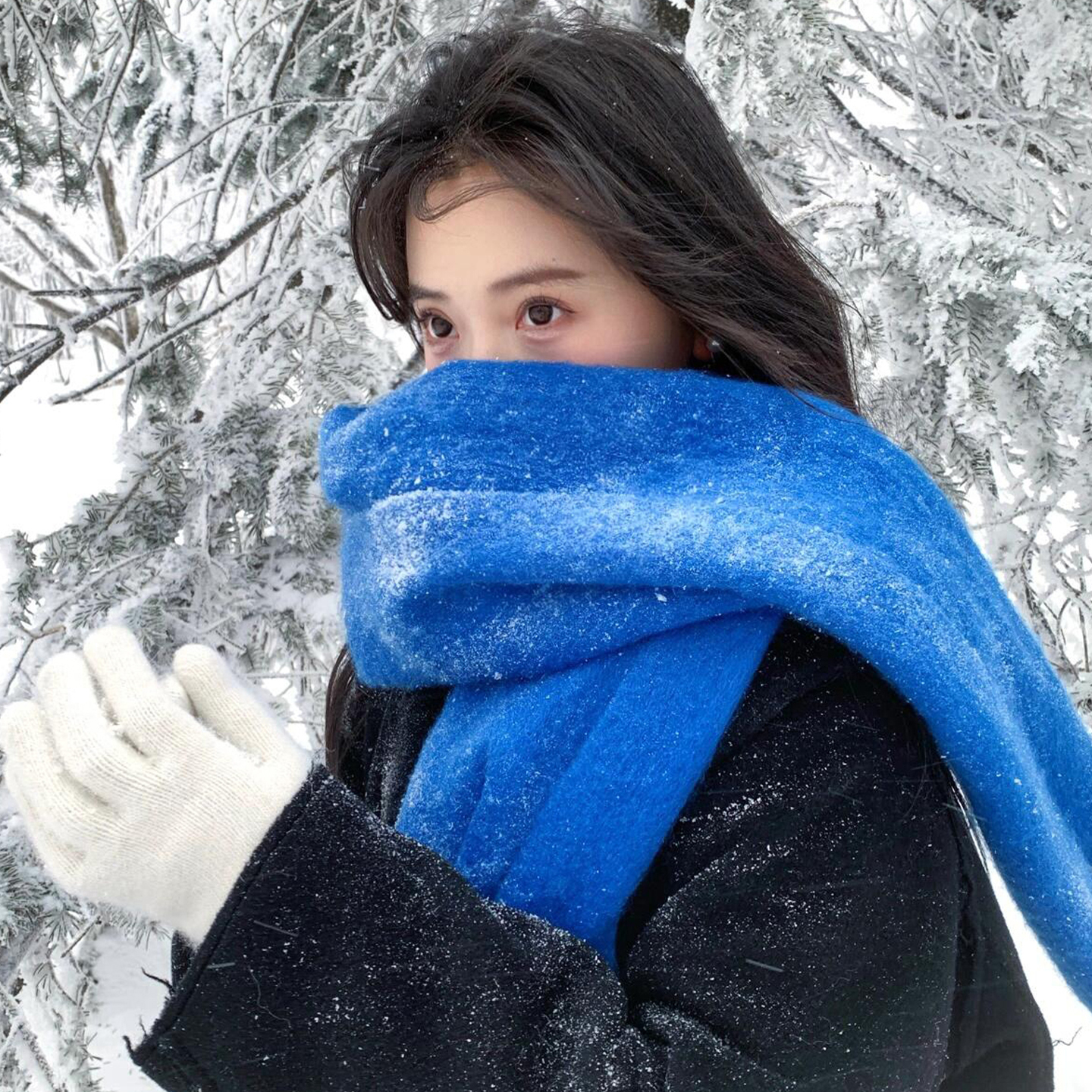 克莱因蓝马海毛围巾雪天穿搭