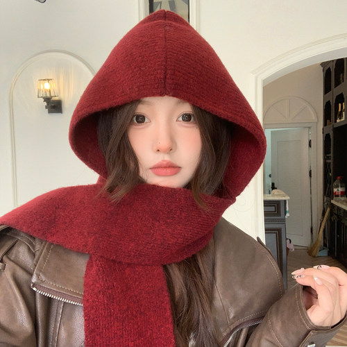 红色针织帽子围巾一体保暖加厚