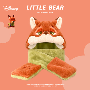 迪士尼正版 可爱尼克狐狸毛绒帽子围巾一体女冬加绒保暖手套三件套