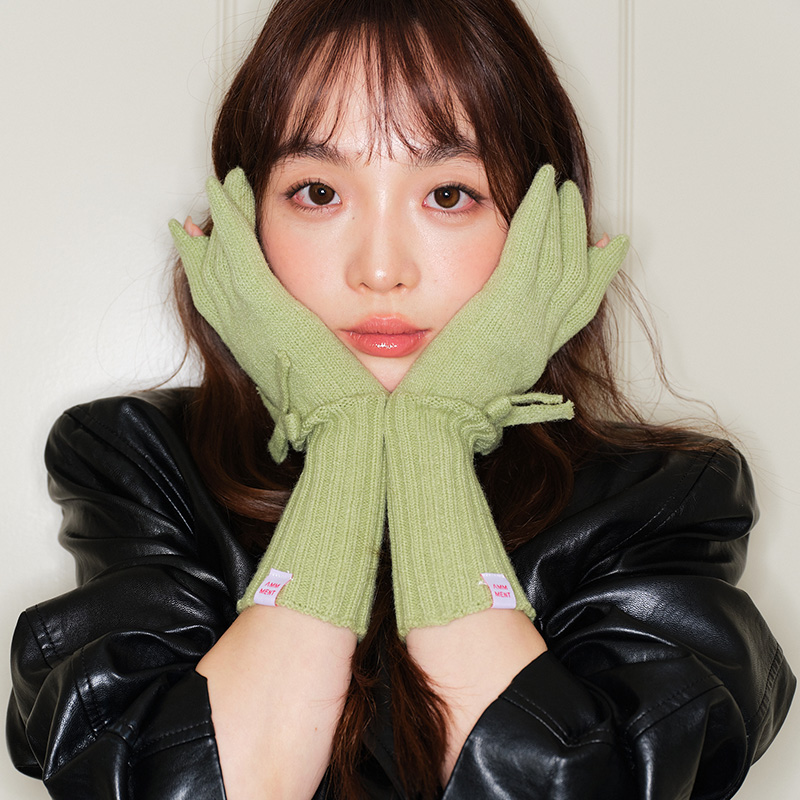 绿色蝴蝶结针织毛线五指手套女冬季防寒保暖户外骑行露指可触屏