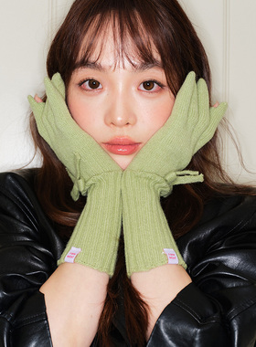 绿色蝴蝶结针织毛线五指手套女冬季防寒保暖户外骑行露指可触屏