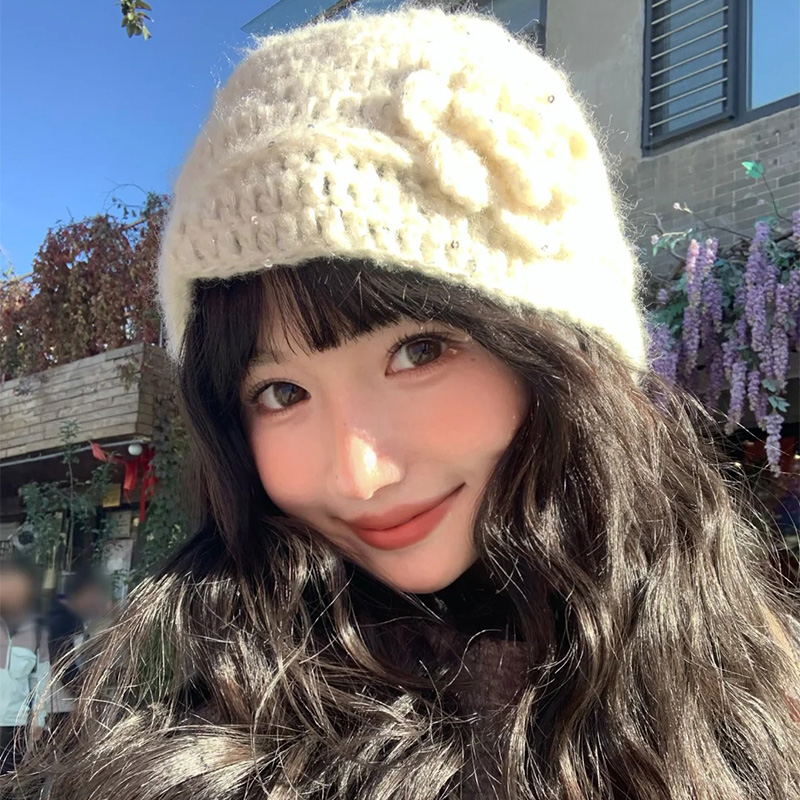 亮片立体花朵针织包头帽