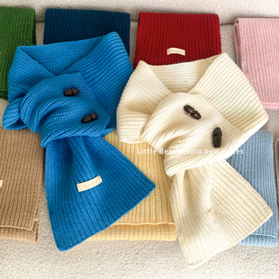 100%WOOL纯羊毛牛角扣围巾纯色小围脖交叉女士懒人保暖秋冬季 领子