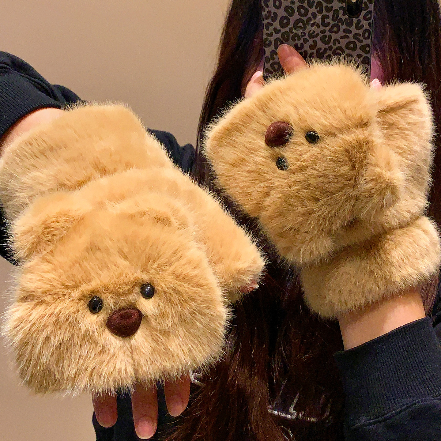 可爱小熊翻盖半指毛绒手套