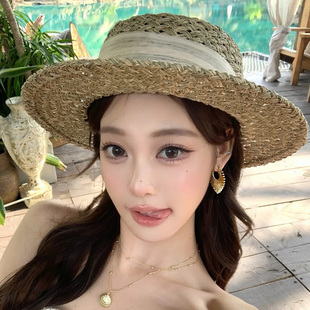 老钱风镂空平顶咸草帽女夏法式 遮阳防晒礼帽海边沙滩度假太阳帽子