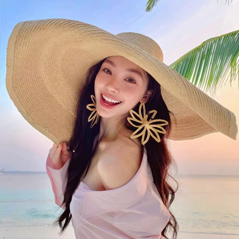 易梦玲同款超大帽檐草帽女夏季海边度假遮阳防晒帽草编太阳帽子潮