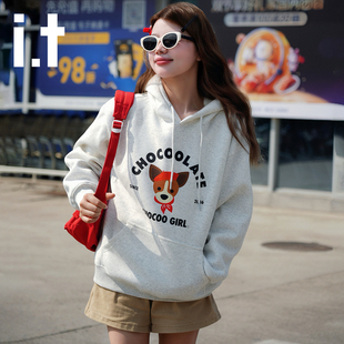 it:CHOCOOLATE连帽卫衣女加绒加厚宽松休闲运动帽衫秋冬情侣上衣