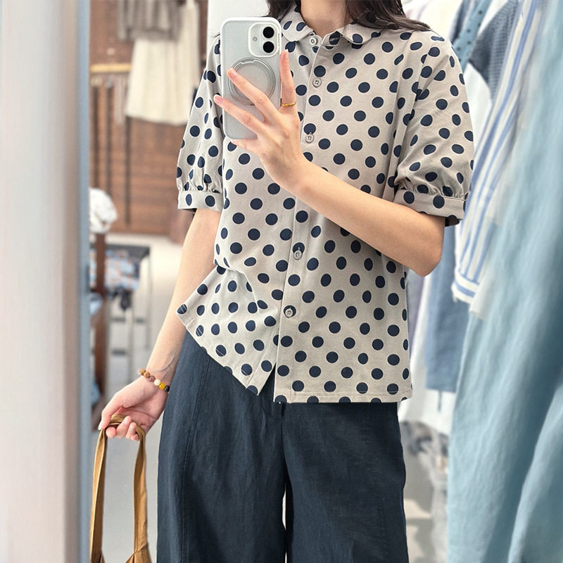 PLUS素町夏季圆点印花翻领衬衫女宽松百搭通勤元宝领短袖上衣