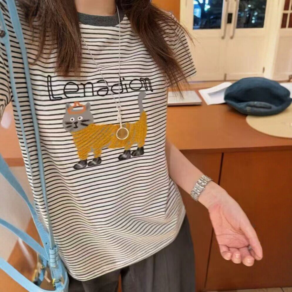 【条纹里的轻趣】呆萌橘猫条纹短袖T恤松弛感上衣简约撞色