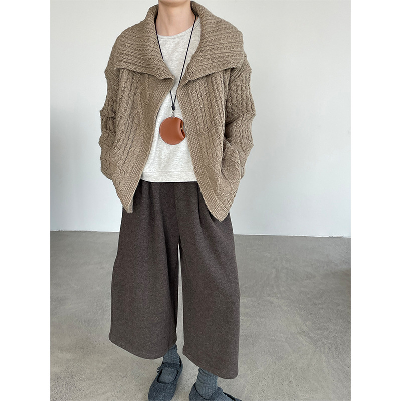 韩系慵懒风大翻领麻花毛衣外套女2025新款宽松上衣MB827