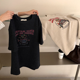 黎诺早春新款韩系卡通印花短袖磨毛T恤女2026慵懒感复古休闲上衣