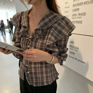 ble甜美V领显瘦格纹衬衫 3天 韩国东大门veget 新款 上衣 2025秋季