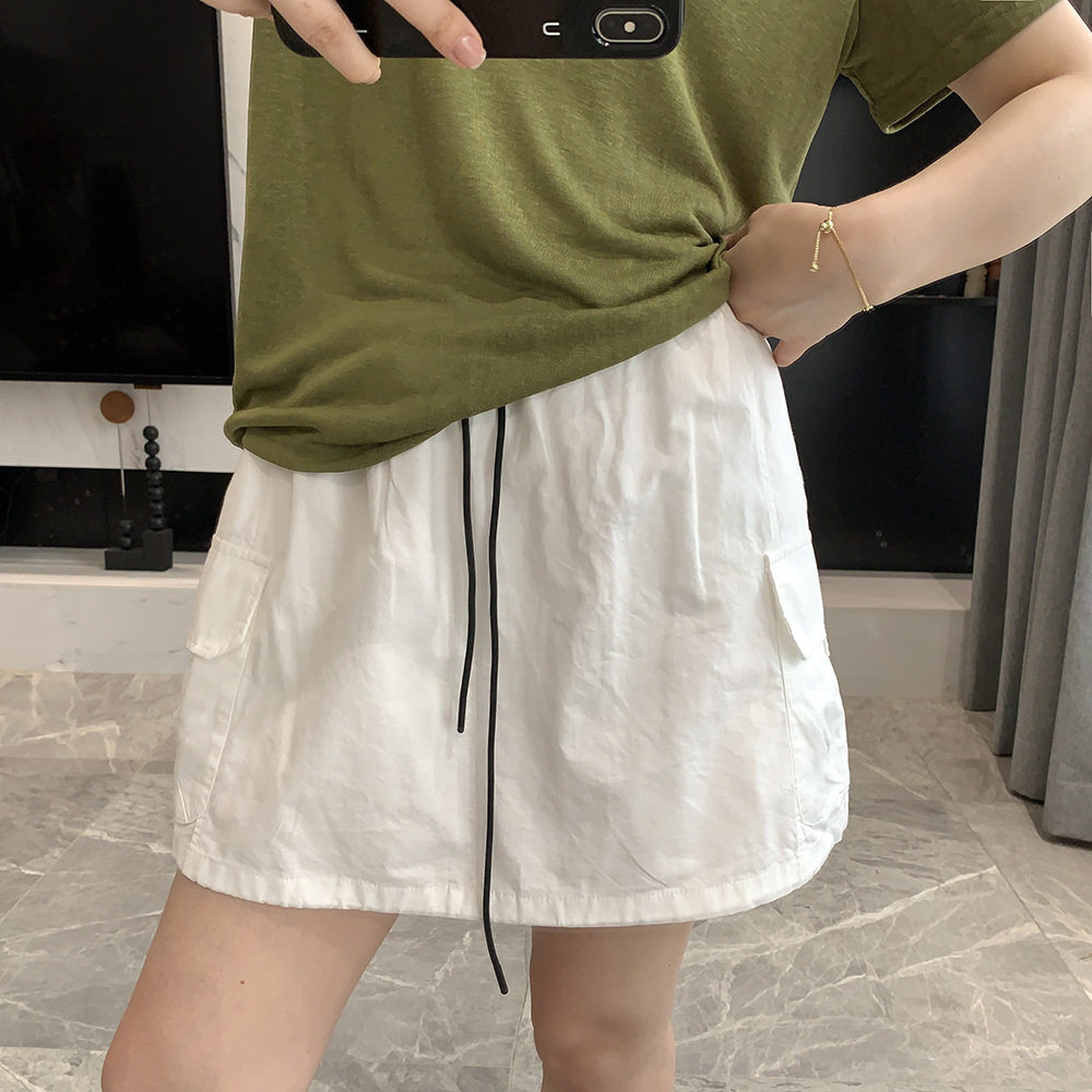 夏季新款抽绳工装半身裙女宽松休闲百搭A字短裙白色运动风裙裤