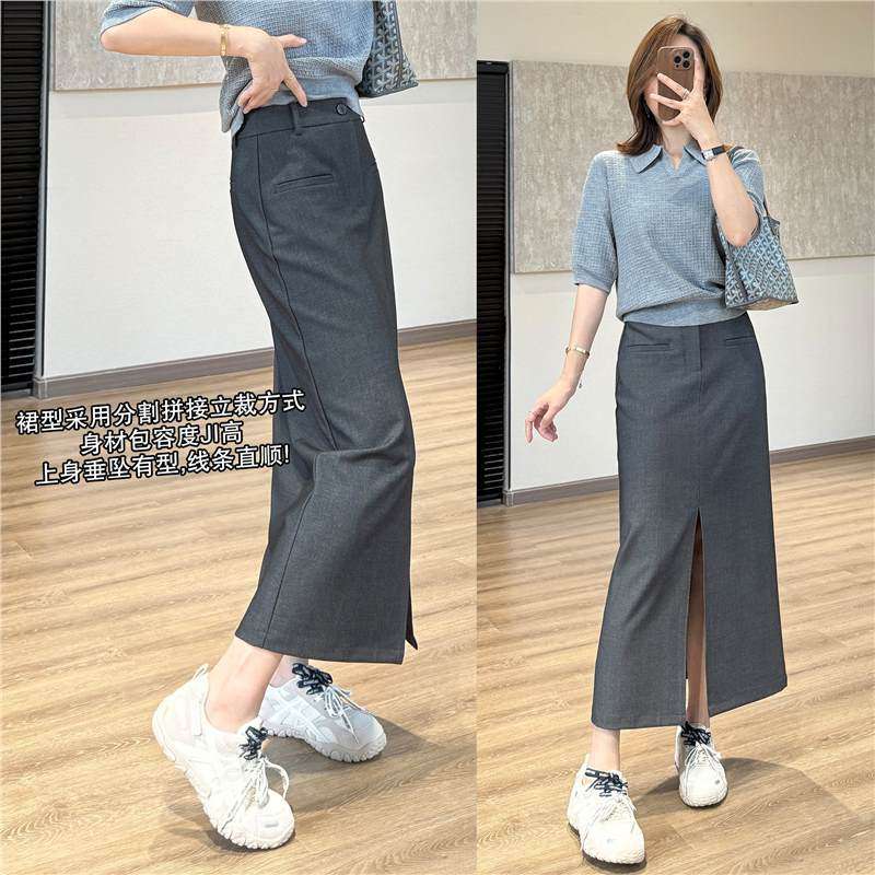 篙端买手店西装裙！天丝羊毛前开叉半身裙气质显瘦长裙H型筒裙女