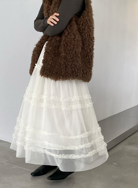 江左 温柔仙仙感 层次网纱木耳边拼接半身裙女春季减龄蛋糕裙0276