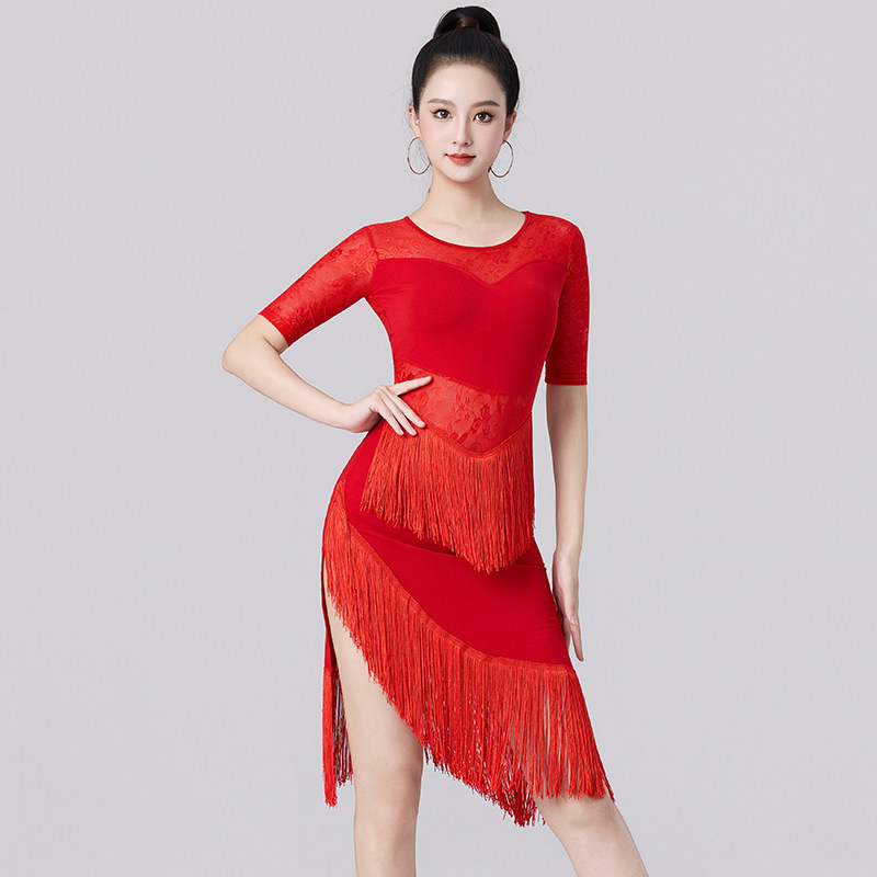 新款拉丁舞练功服连衣裙跳舞表演服成人女交谊舞流苏舞裙演出服