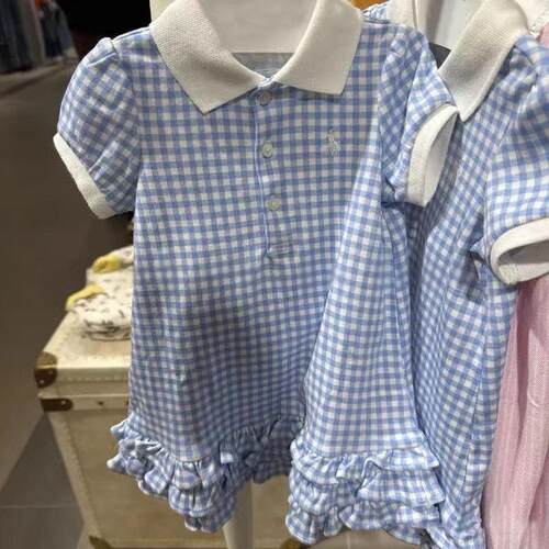 韩国童装女童蓝白格子公主裙女宝宝春夏新款洋气花边polo领连衣裙