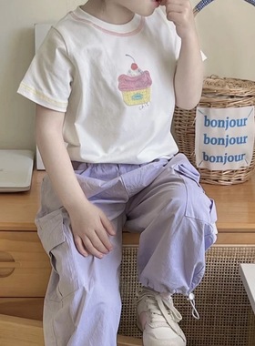 2024夏季新款纯棉蛋糕短袖浅紫色夏季脚口抽绳重工工装裤套装ins