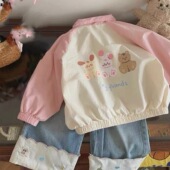 女童粉色外套秋季 洋气宝宝可爱撞色开衫 新款 儿童时尚 潮 款 韩国童装