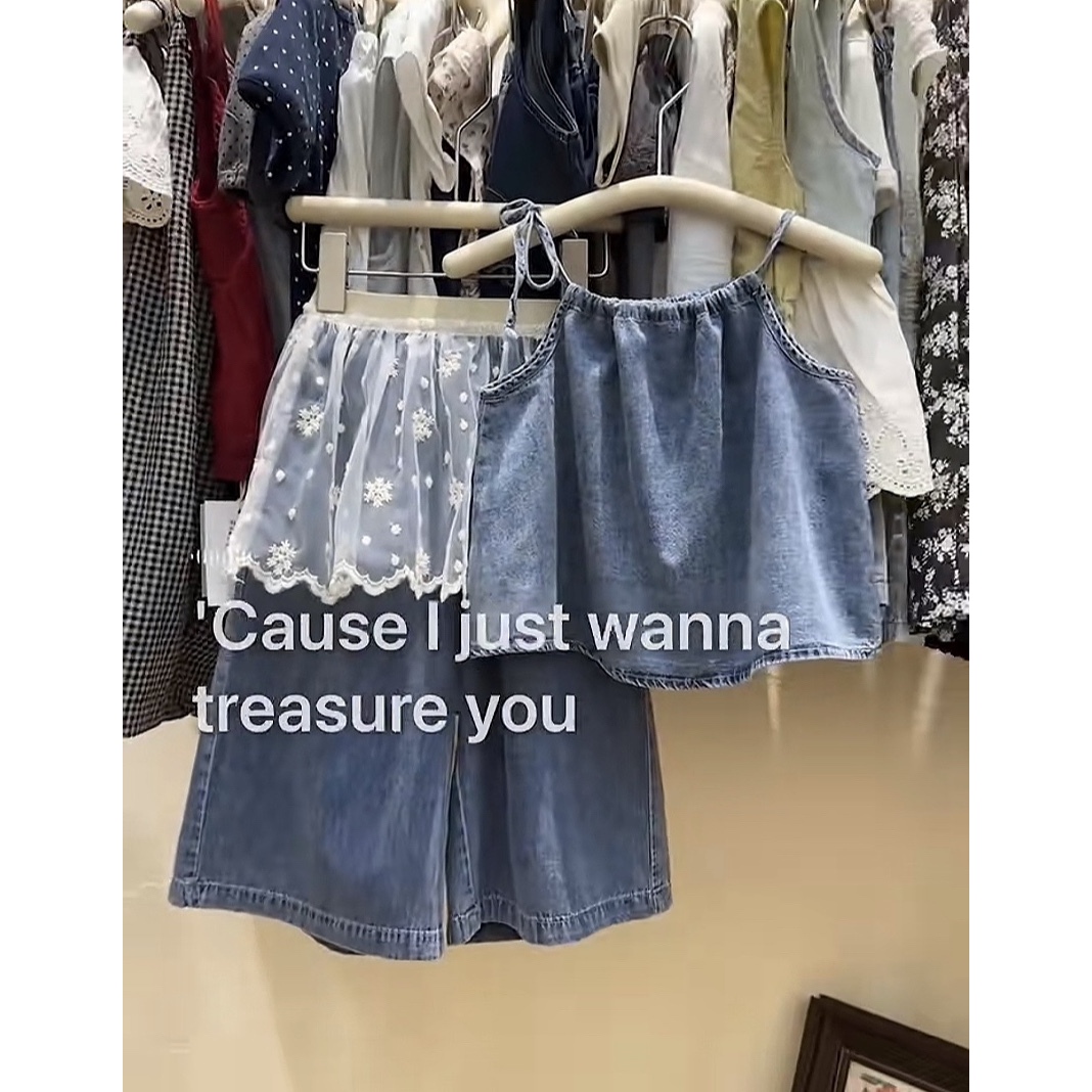 韩国童装女童夏季新款小清新吊带休闲百搭牛仔九分裤蕾丝屁帘裙潮