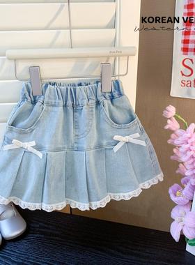 女童夏季牛仔短裙2025女宝新款韩版甜美蝴蝶结洋气蕾丝花边百褶裙