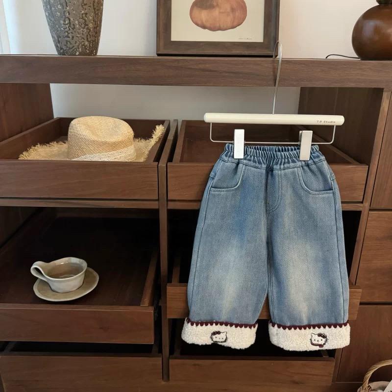 女童加绒牛仔裤女宝宝冬季新款可爱KT猫咪毛毛卷边直筒洋气牛仔裤