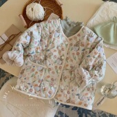 韩国童装 夹棉外套儿童洋气百搭学院风碎花保暖棉服 2024女童秋冬款