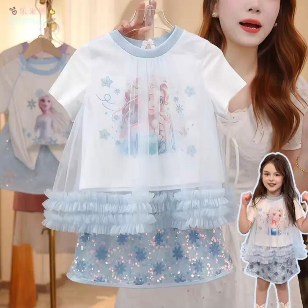 女童夏季套装2025新款女童卡通艾莎公主网纱上衣洋气烫钻亮片短裙