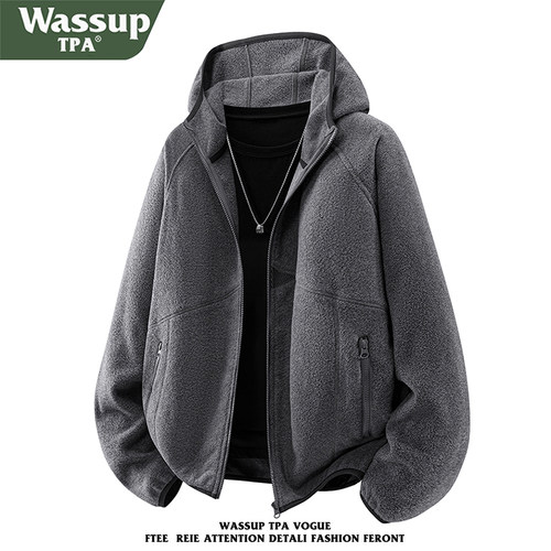 WASSUP TPA加厚摇粒绒夹克男秋冬户外抓绒衣设计感连帽开衫外套潮