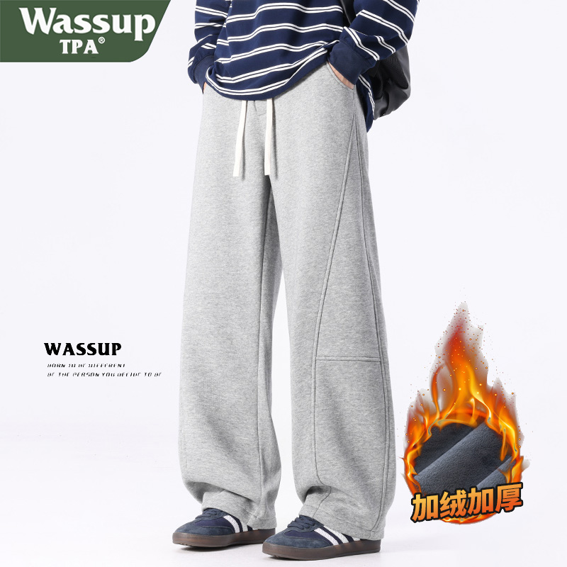 WASSUP TPA长裤子男冬季加绒保暖直筒休闲宽松弯刀阔腿针织运动裤