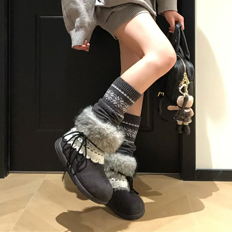 冬日甜妹~新款费尔岛毛毛雪地靴